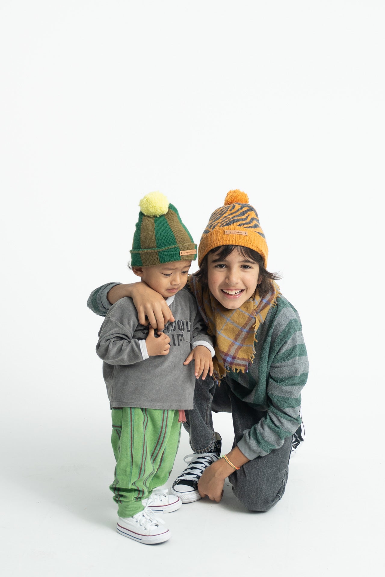 Green Tonal Stripe Pompom Beanie
