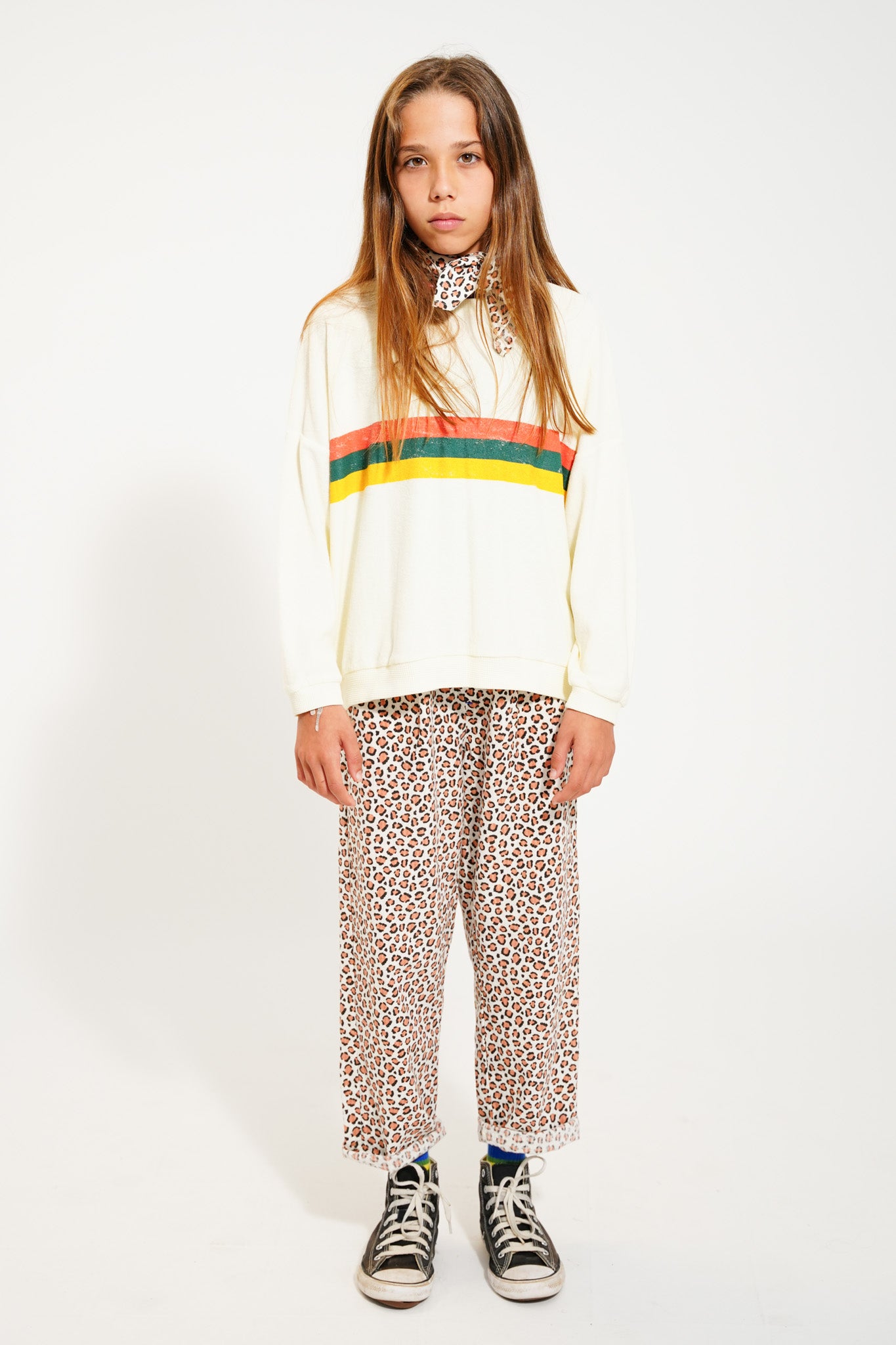Ecru sweatshirt with multicolored stripes print
