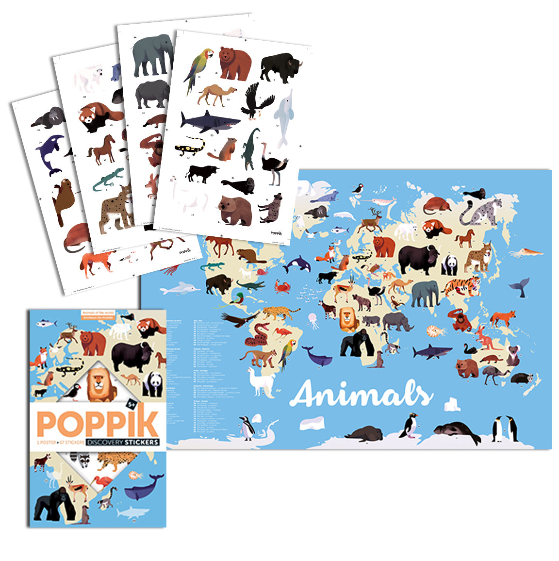 Educational poster + 67 stickers animals of the world