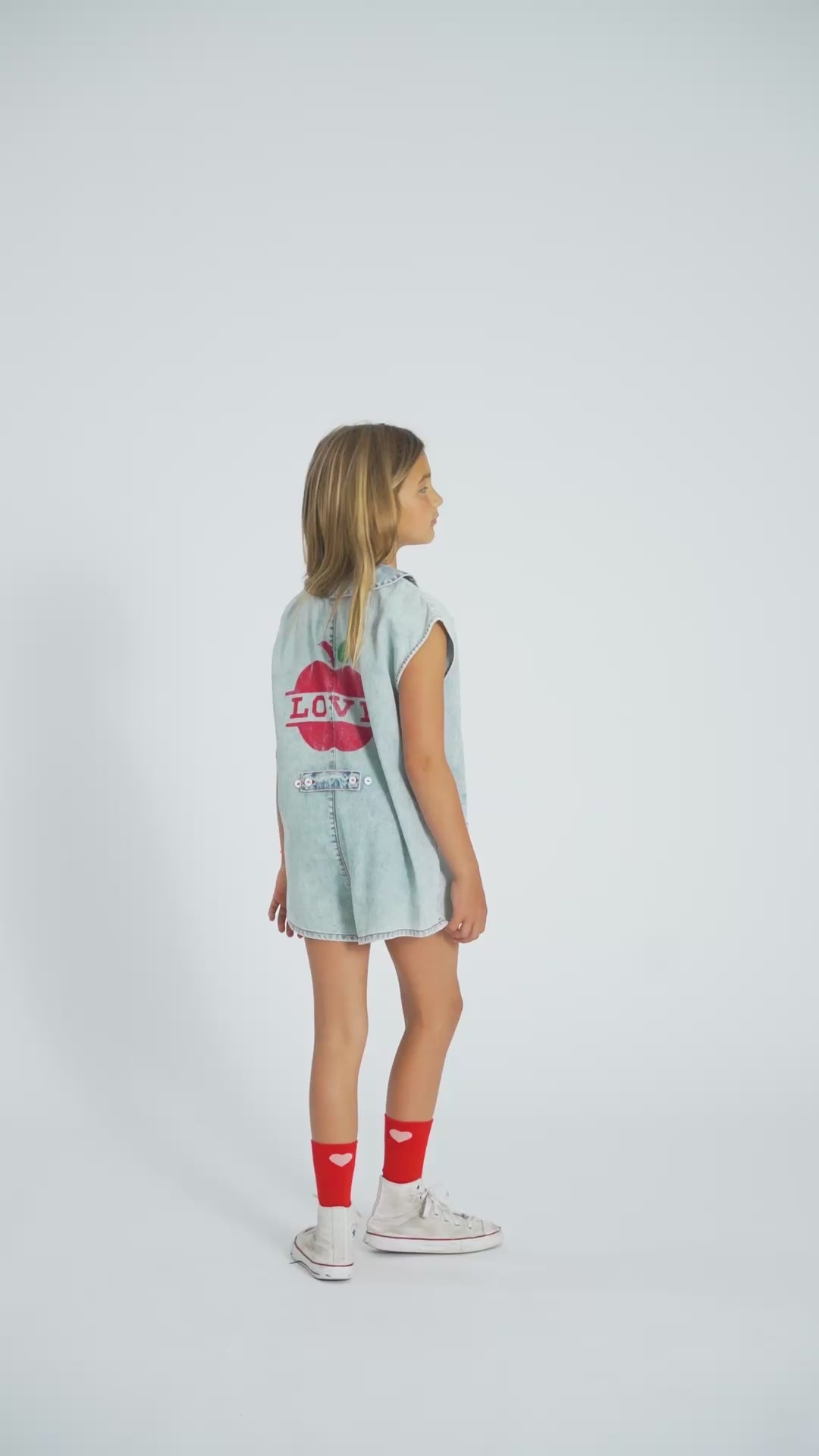 Combinaison Courte en jeans Clair à Imprimé Pommes