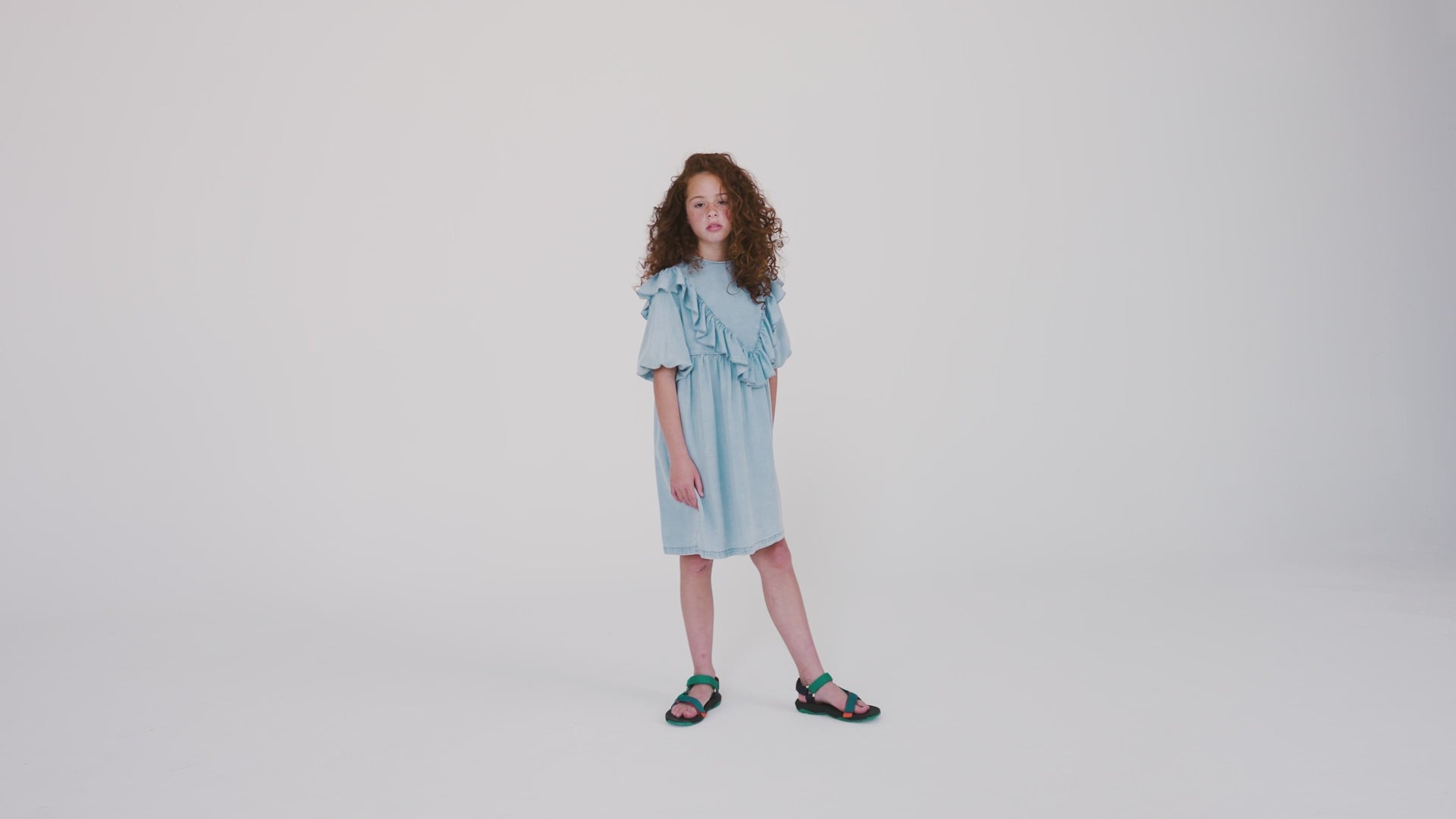 Sky blue denim dress with ruffles