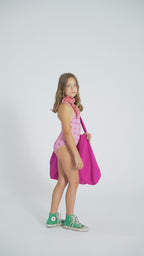 Swimsuit with Crossed Straps Pink with Cherries Allover
