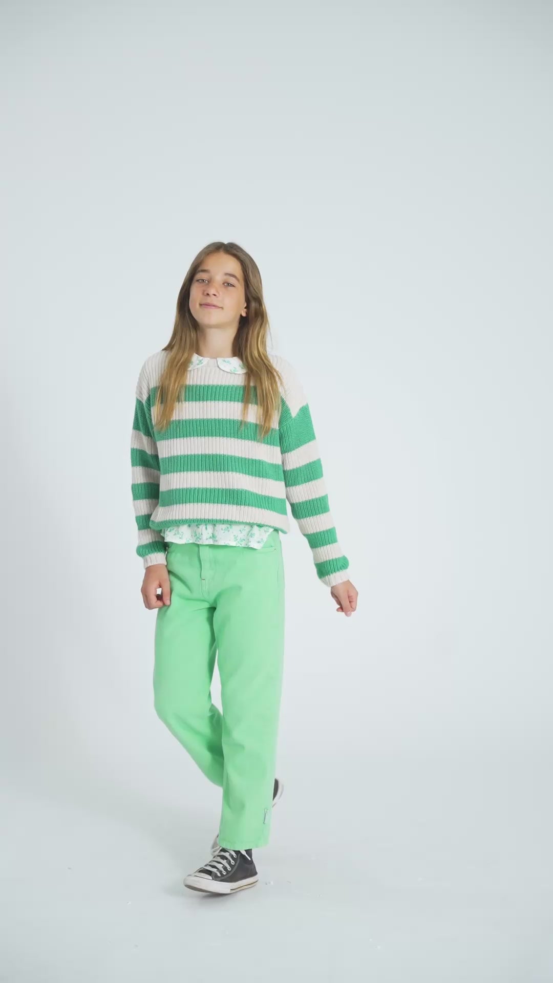 Knitted Sweater Ecru & Green Stripes