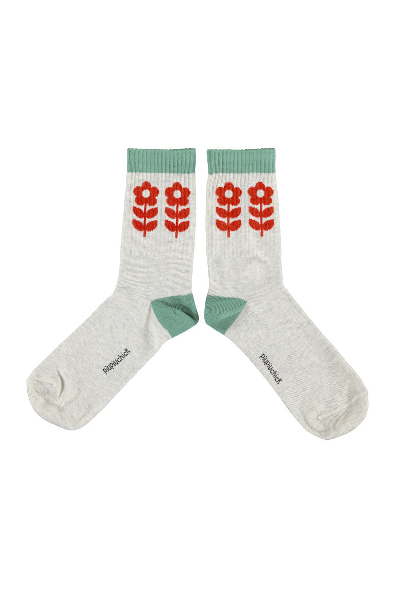 Chaussettes Grises Fleurs Rouges Piupiuchick pour enfant