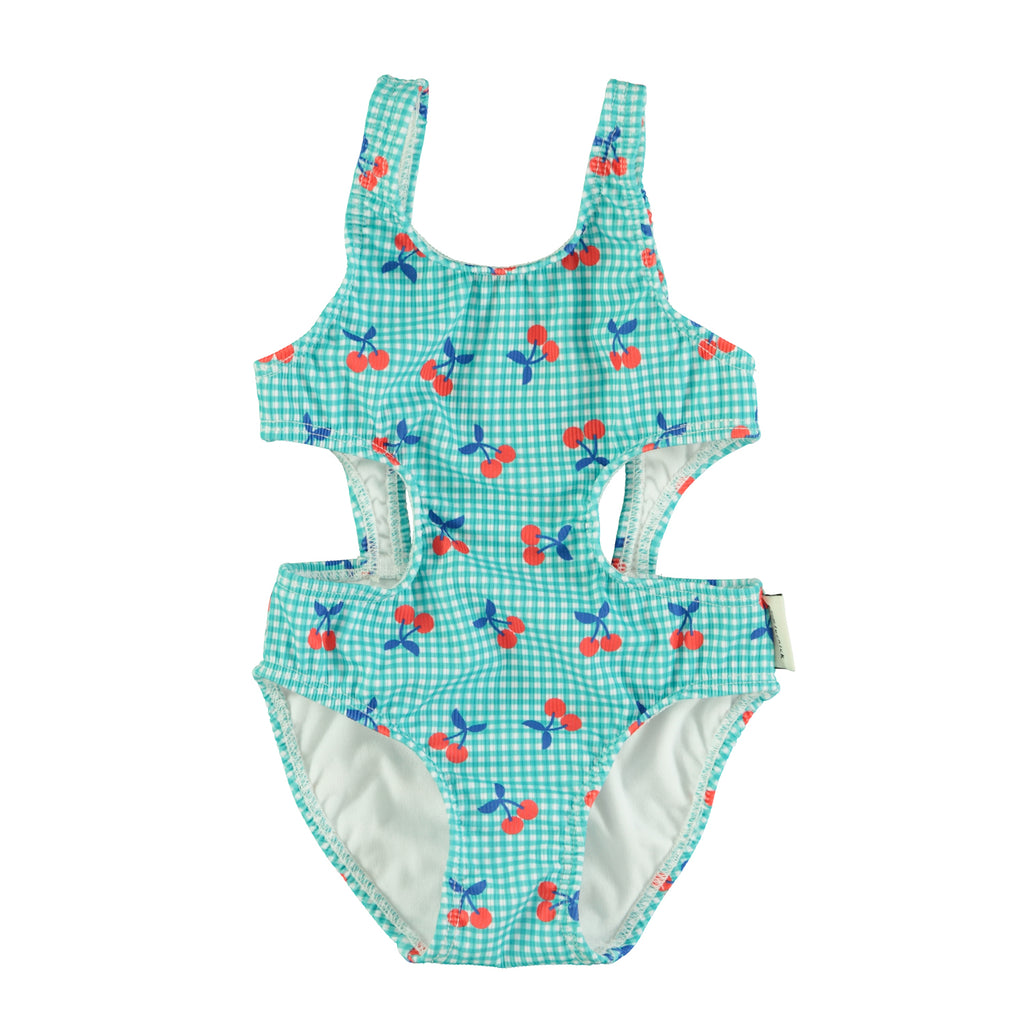 Trikini vichy et cerises turquoise et blanc