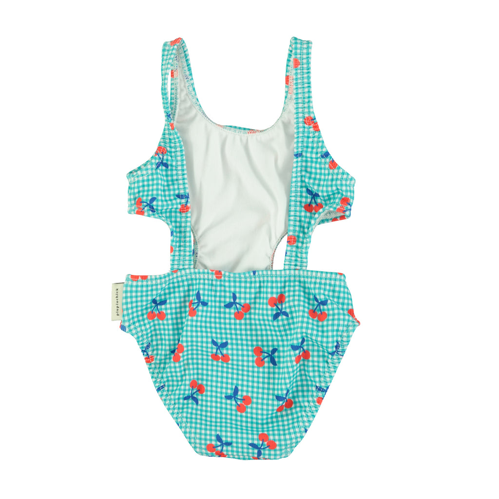 Trikini vichy et cerises turquoise et blanc