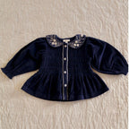 Blouse Bonjour velours côtelé marine col brodé — Little Dudes