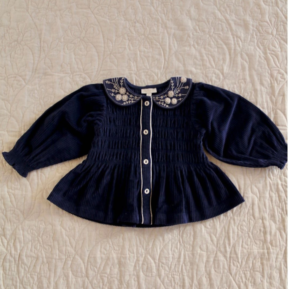 Blouse Bonjour velours côtelé marine col brodé — Little Dudes