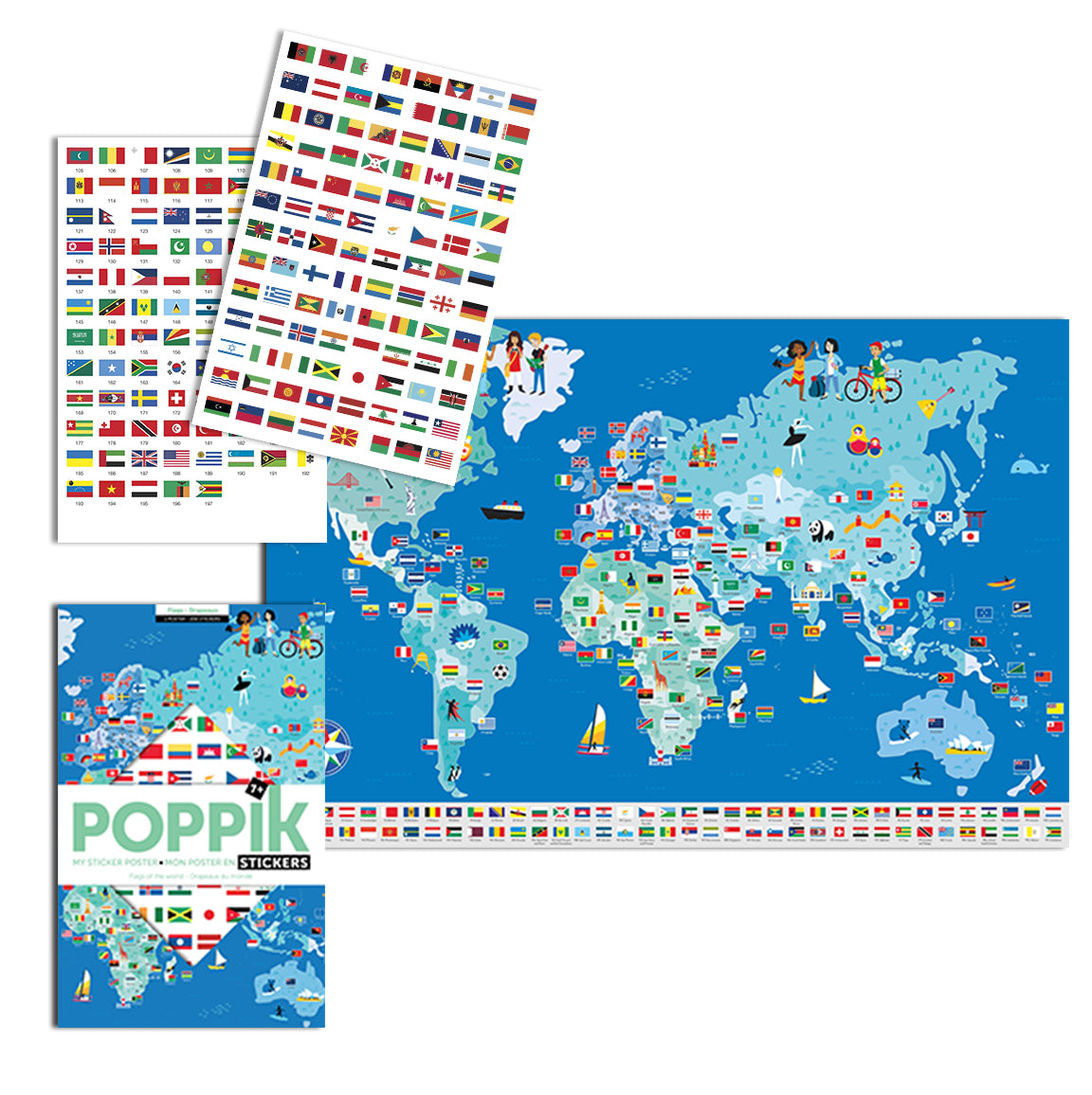 jeu educatif poppik POSTER PÉDAGOGIQUE + 200 STICKERS DRAPEAUX