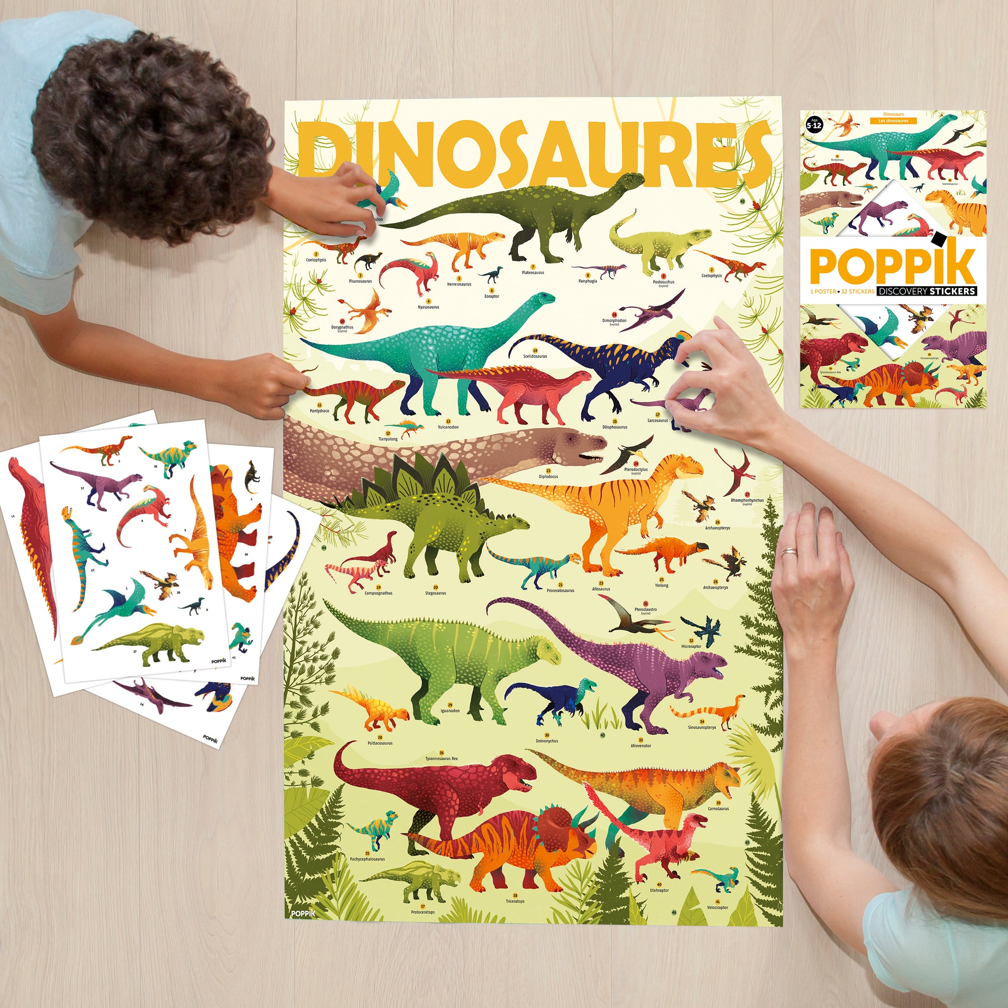 JEU EDUCATIF ENFANT POPPIK POSTER PÉDAGOGIQUE + 32 STICKERS DINOSAURES